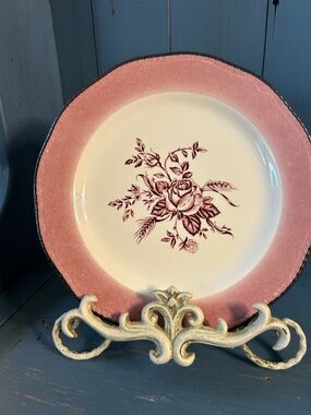 Wood & Sons Pink Rim Ceramic Dinner Plate with Rose Design | Made in England